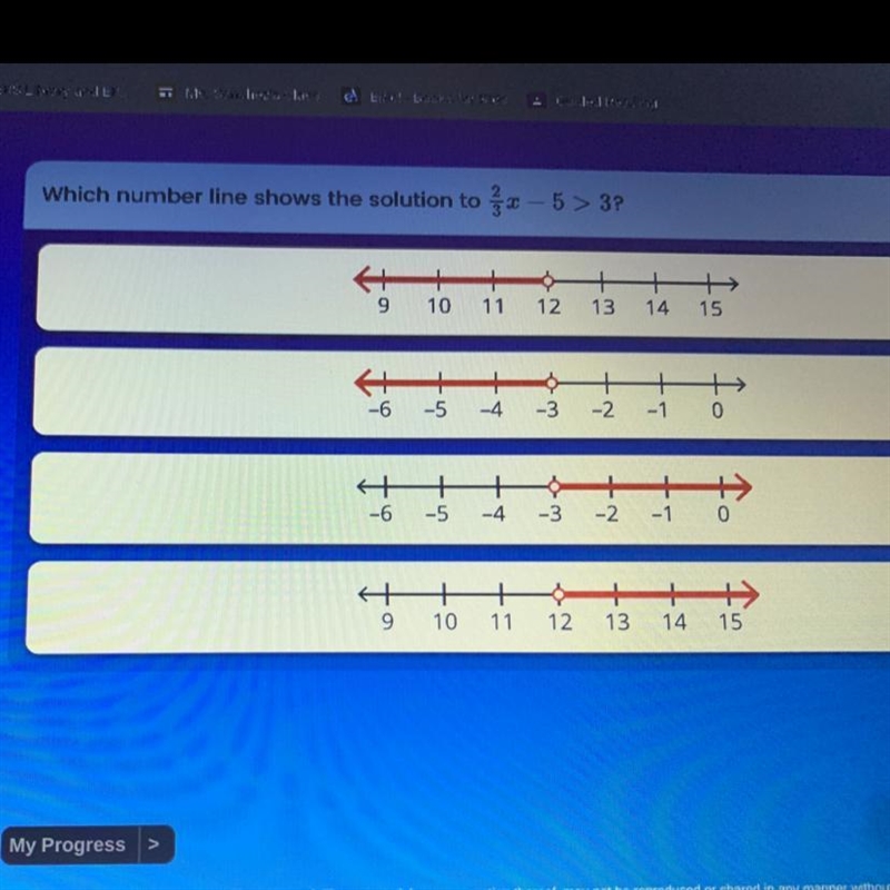 PLEASE HELP!!! Which number line shows the solution 2/3x-5>3-example-1