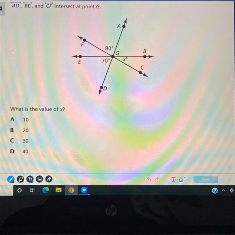 AD, BE, and CF intersect at point G. A F B 80° G 70° xº E С OD What is the value of-example-1