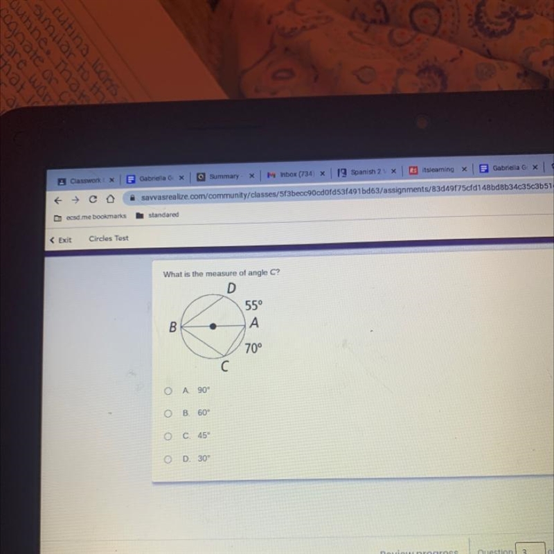 What is the measure of angle C? D 55° A 70° C O A 90° O B. 60° C. 45° D. 30°-example-1