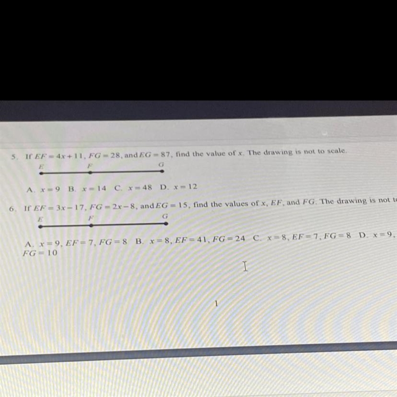 5. If EF = 4x+11, FG = 28, and EG=87, find the value of x, the drawing is not to scale-example-1