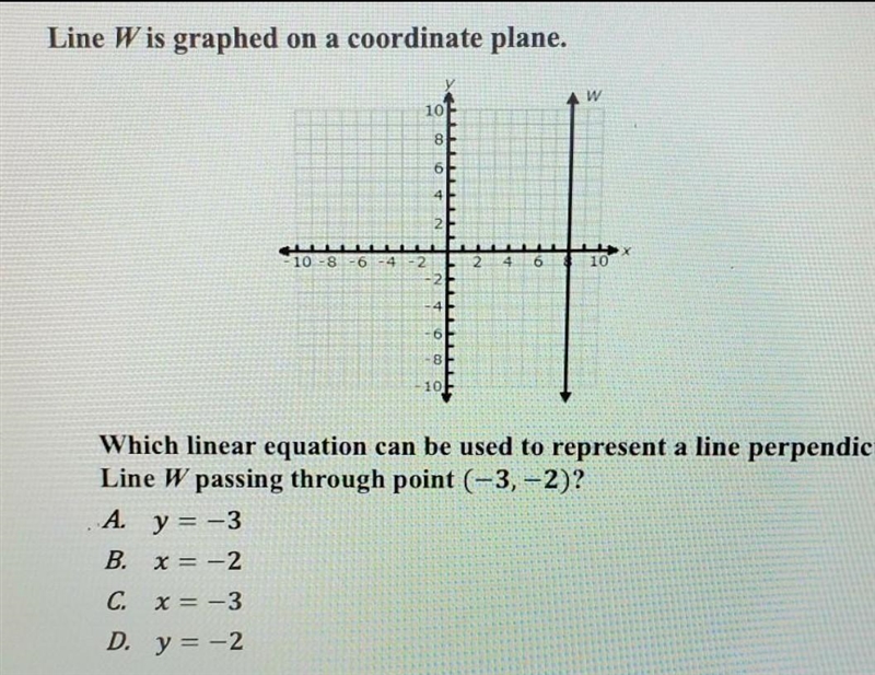 Which linear equation can be used to represent a line perpendicular to Line W passing-example-1