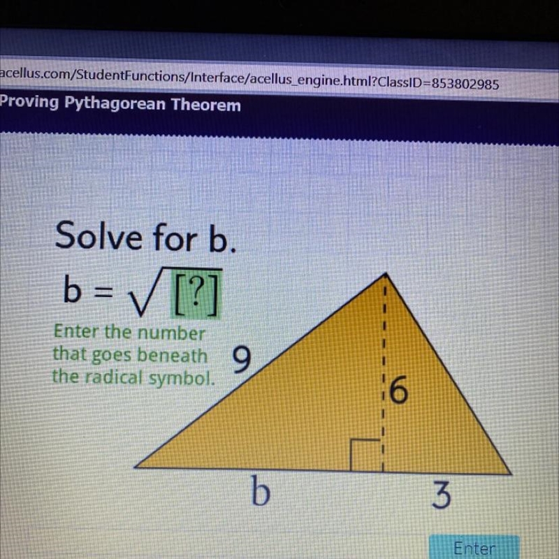 Solve for b. b = ✓ [?] Enter the number that goes beneath the radical symbol. 9 16 b-example-1