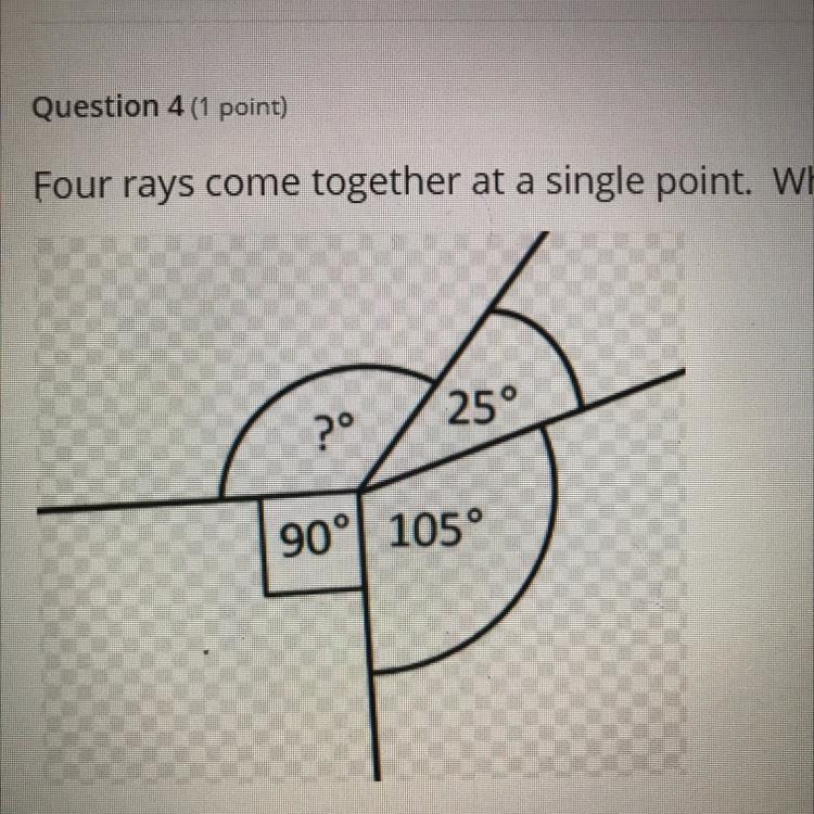 Four rays come together at a single point. What is the value of the missing angle-example-1