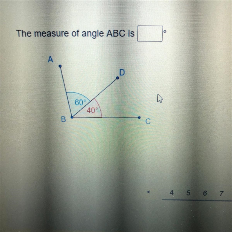 The measure of angle ABC is A D 60 40°-example-1