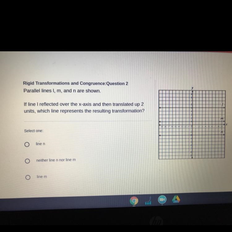 Parallel lines 1, m, and n are shown. If line I reflected over the x-axis and then-example-1