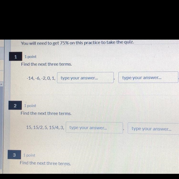 Find the next three terms. 15,15/2,5,15/4,3-example-1