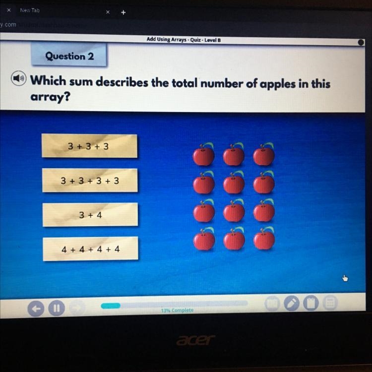 Which sum describes the total number of apples in this array? 3 + 3 + 3 3 + 3 + 3 + 3 3 + 4 4 + 4 + 4 + 4-example-1