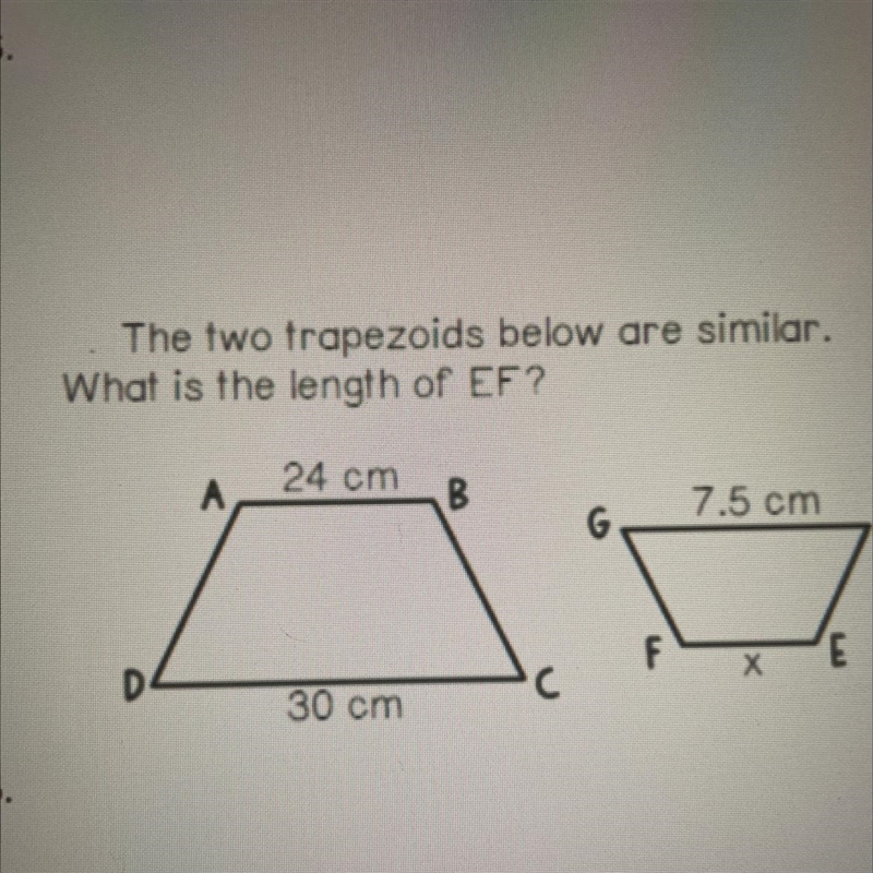 The two trapezoids are similar.what is the length of EF?-example-1