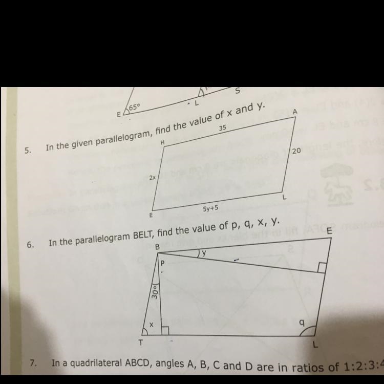 In the given parallelogram, BELT,find the value of p,q,x,y-example-1