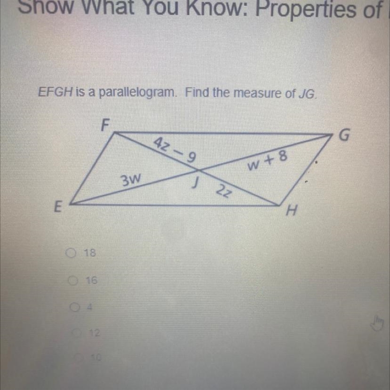 EFGH is a parallelogram. Find the measure of JG.-example-1