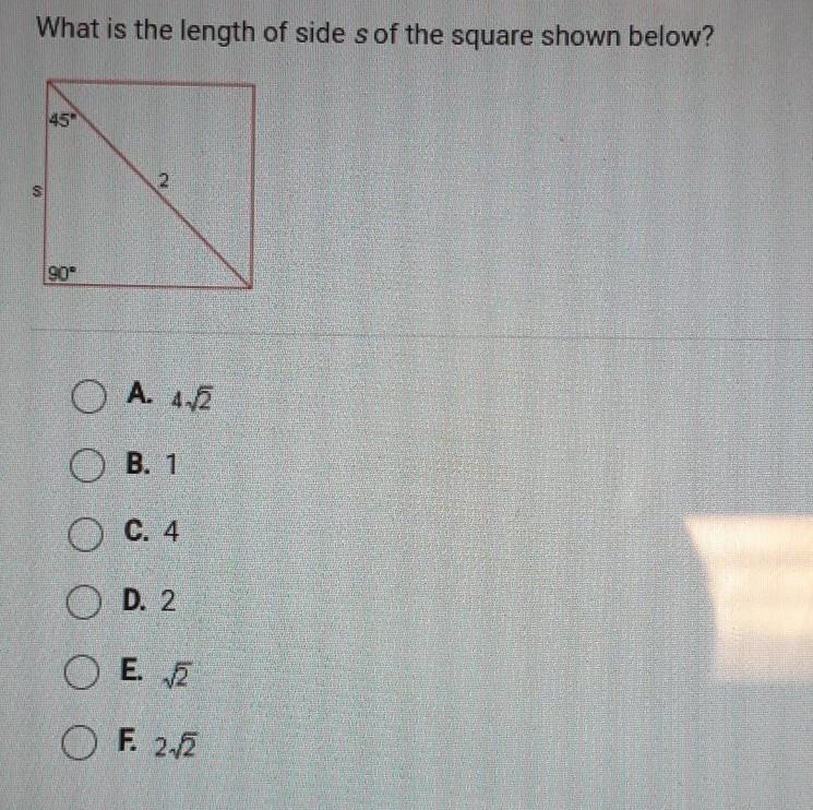 What is the length of side s of the square shown below? 450 90" A. 4-3 B. 1 C-example-1