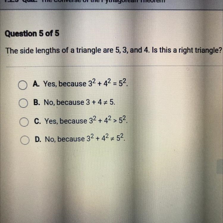 The side lengths of a triangle are 5, 3, and 4. Is this a right triangle?-example-1