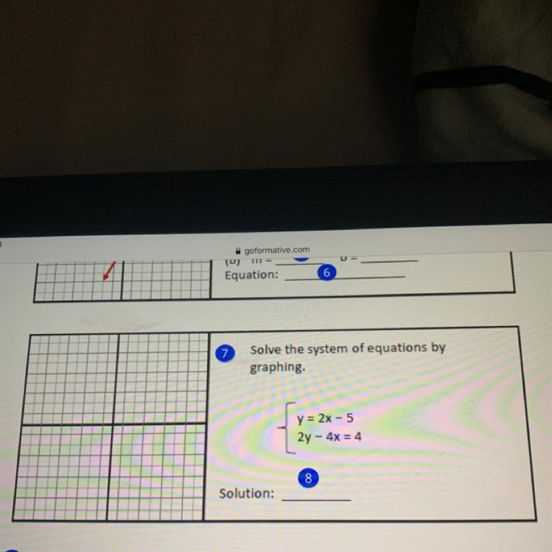 Solve the system of equations by graphing. y = 2x - 5 2y - 4x = 4 And find solution-example-1