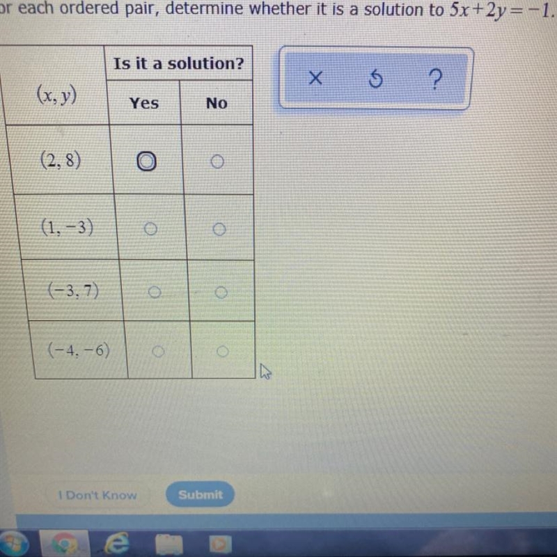 For each ordered pair determine whether it’s a solution to 5x plus 2y = -1-example-1