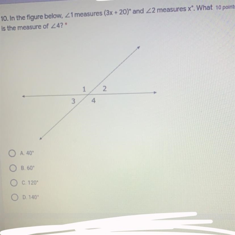 In the figure below, <1 measures (3x+20) and <2 measures x. what is the measure-example-1