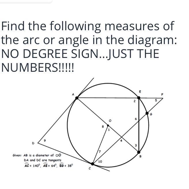 PLEASE HELP!! MY GRADE DEPENDS ON IT. Find the following measures of the arc or angle-example-1