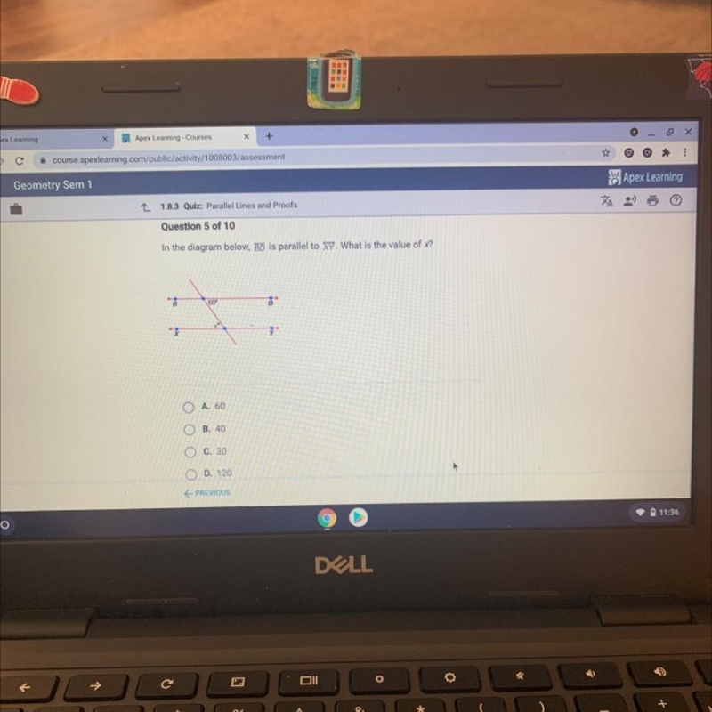 DE Question 5 of 10 In the diagram below, BD is parallel to XY. What is the value-example-1