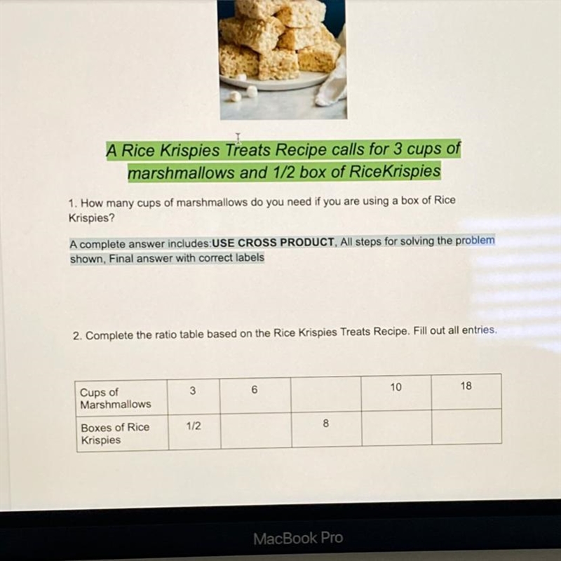 A Rice Krispies Treats Recipe calls for 3 cups of marshmallows and 1/2 box of Rice-example-1