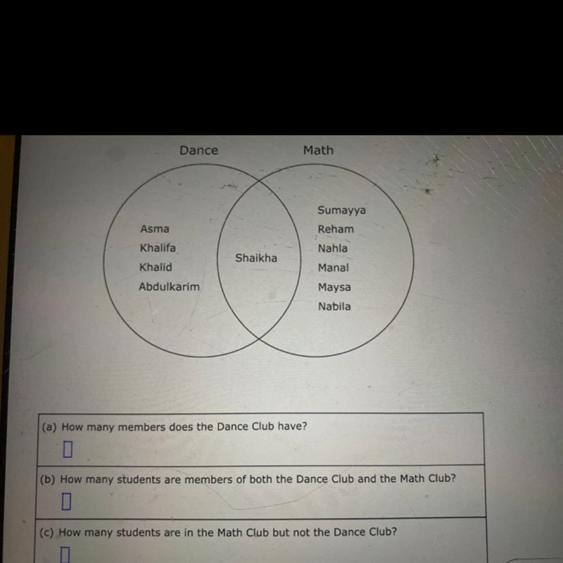 The Venn diagram shows the memberships for the Dance Club and the Math Club. Use the-example-1