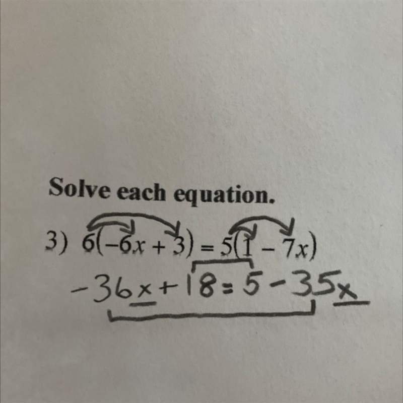 Solving each equation: 6(-6x+3)=5(1-7x)-example-1