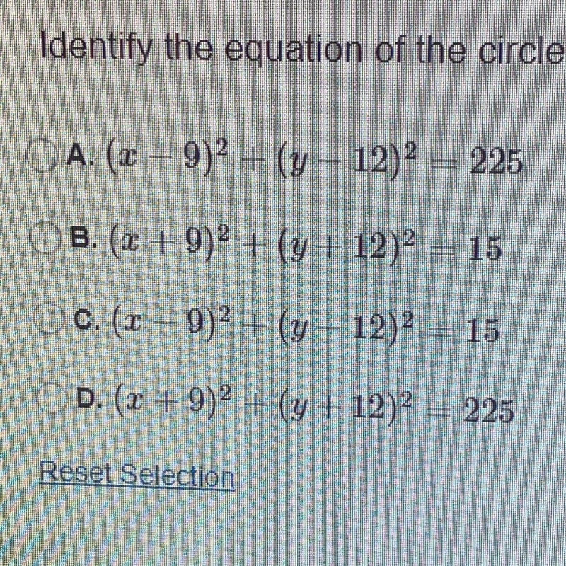 Identify the equation of the circle that has its center at (9, 12) and passes through-example-1