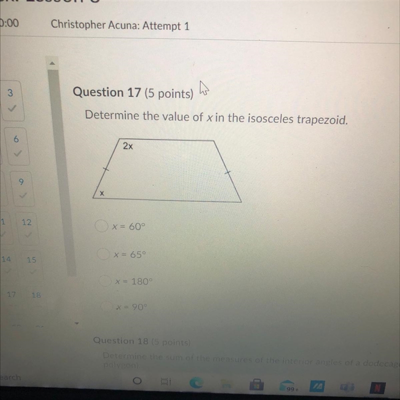 Question 17 (5 points) Determine the value of x in the isosceles trapezoid. 2x х x-example-1