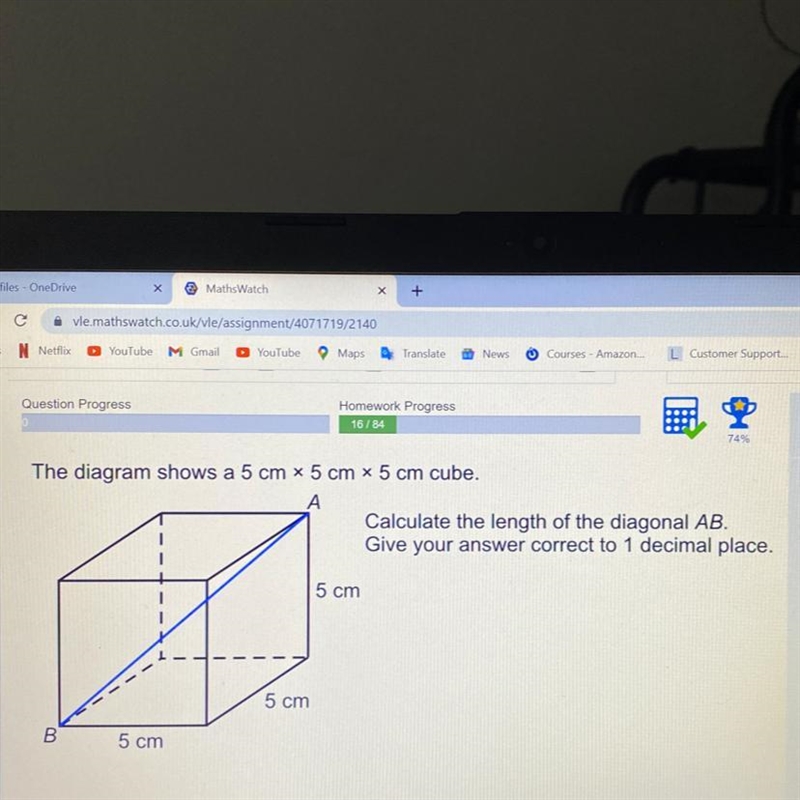 The diagram shows a 5 cm x 5 cm x 5 cm cube. A Calculate the length of the diagonal-example-1