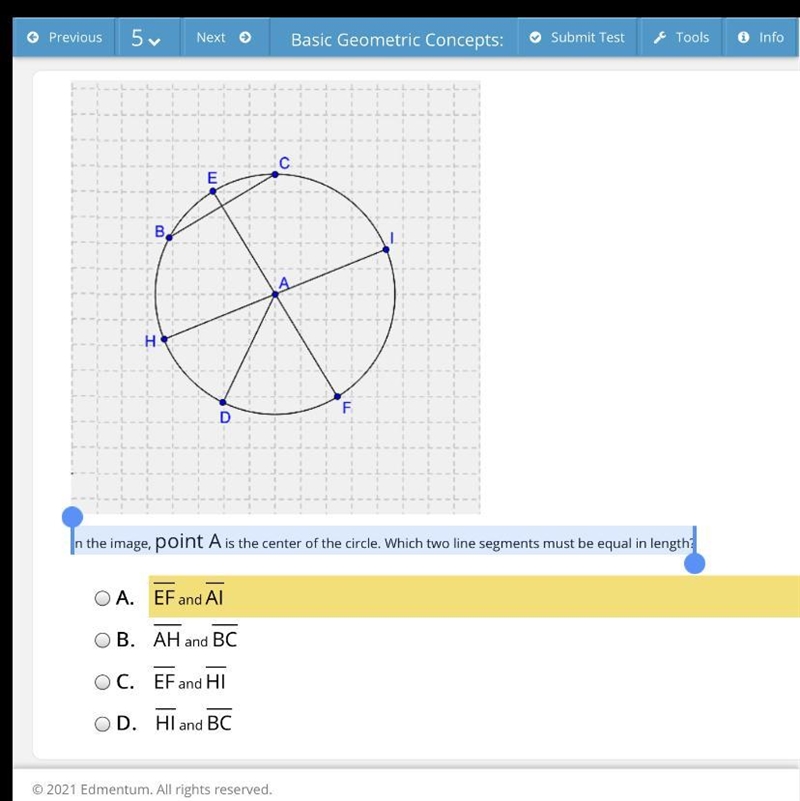 In the image, point A is the center of the circle. Which two line segments must be-example-1