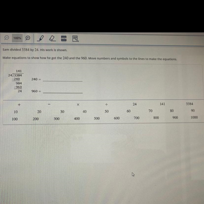 Sam divided 3384 by 24. His work is shown. Make equations to show how he got the 240 and-example-1