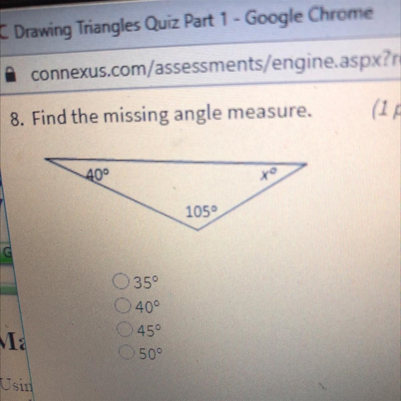 Find the missing angle measure. 1.)35° 2.)40° 3.)35° 4.)45° 5.)50°-example-1