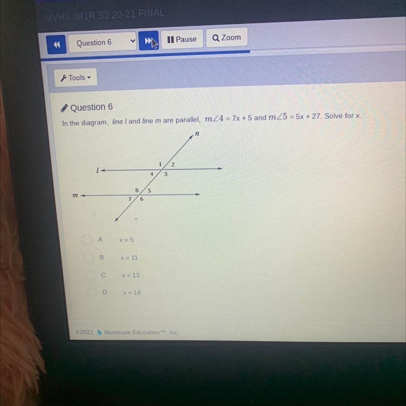 Question 6 In the diagram, line I and line m are parallel, m24 = 7x + 5 and m25 = 5x-example-1