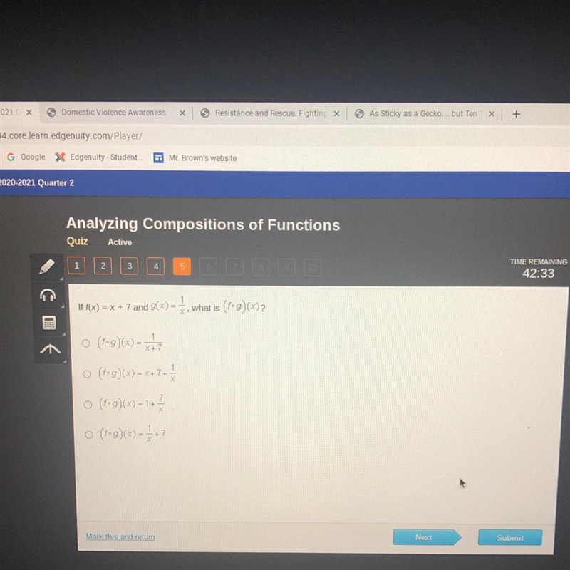 If f(x) = x + 7 and g(x) - what is (fºg)(x)? 0 4.-example-1