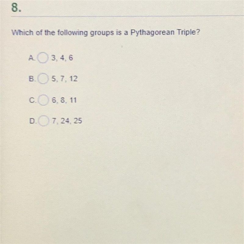 Which of the following groups is a Pythagorean Triple?-example-1