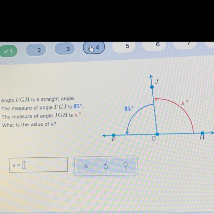 Angle FGH is a straight angle. The measure of angle FGJ is 85°. The measure of angle-example-1