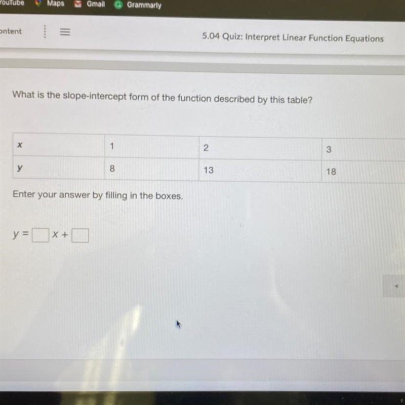 What is the slope-intercept form of the function described by this table? х 1 2. 3 4 у-example-1