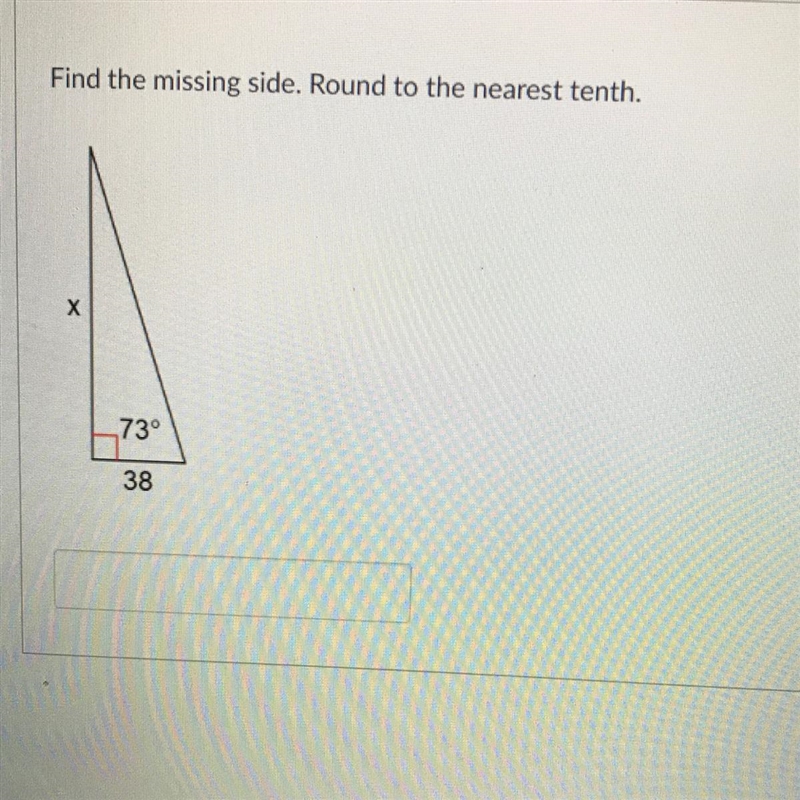 Plz need help Find the missing side. Round to the nearest tenth. х -73° 38-example-1