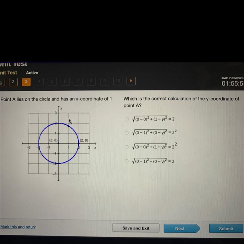 Point A lies on the circle and has an x-coordinate of 1. Which is the correct calculation-example-1