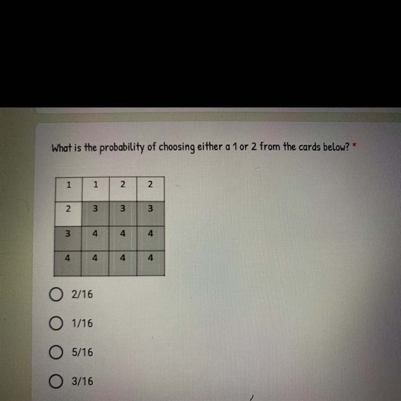 What is the probability of choosing either a 1 or 2 from the cards below-example-1