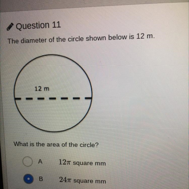 The diameter of the circle shown below is 12m. What is the area of the circle?-example-1