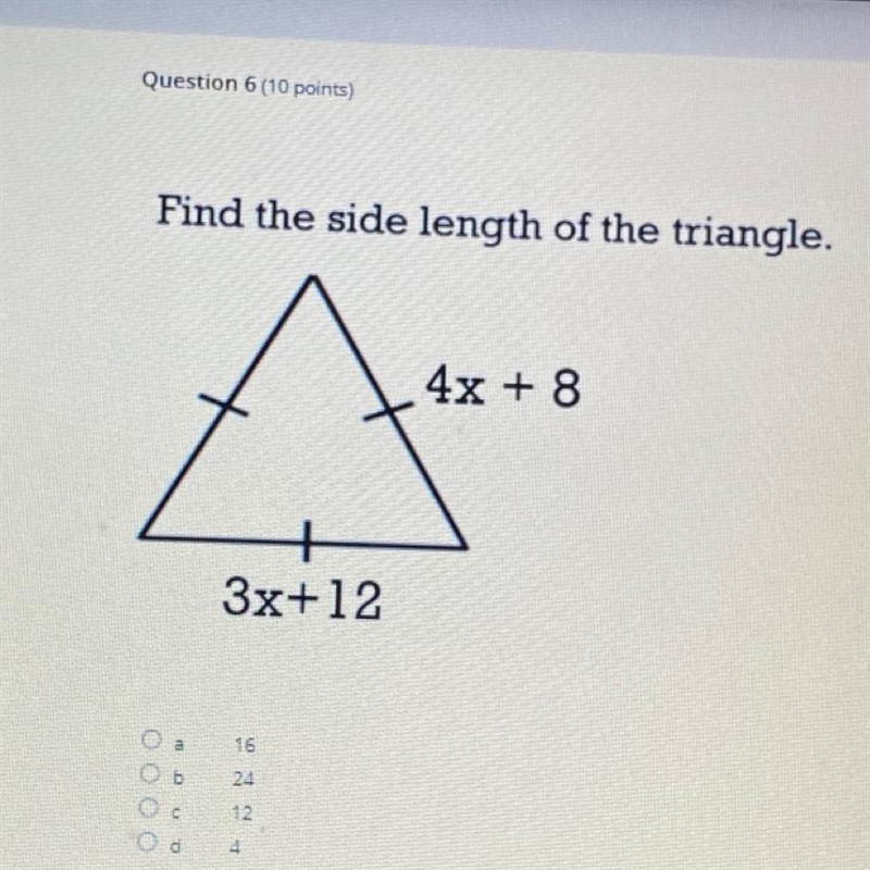 Find the side length of the triangle 4x+8=3x+12-example-1