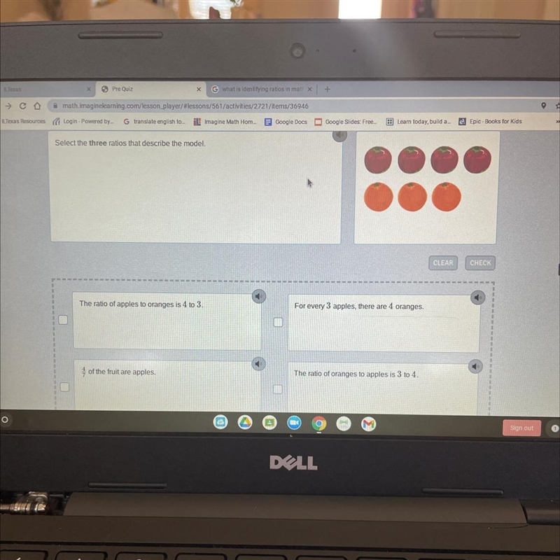 Select the three ratios that describe the model. CLEAR CHECK The ratio of apples to-example-1