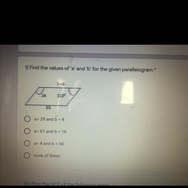 1) Find the values of 'a' and 'b' for the given parallelogram * b+6 a 2a 1229 10 a-example-1