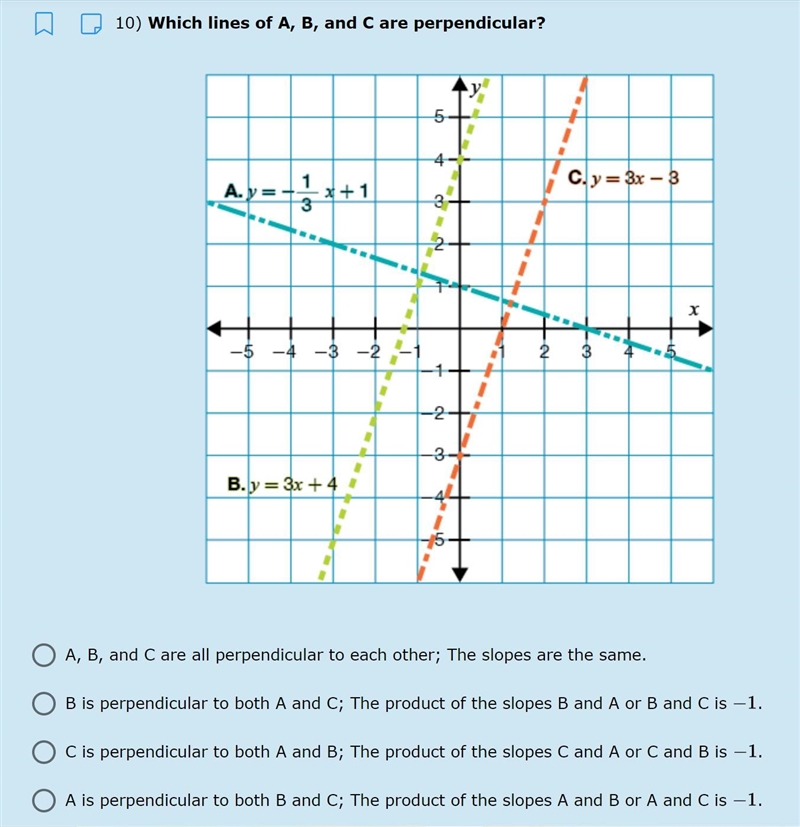 Which lines of A, B, and C are perpendicular?-example-1