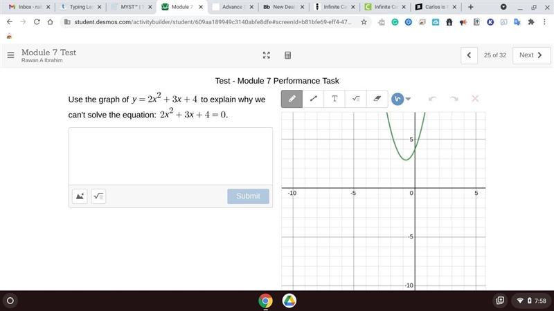 Use the graph of y=2x^2+3x+4 to explain why we can't solve the equation: 2x^2+3x+4=0.-example-1