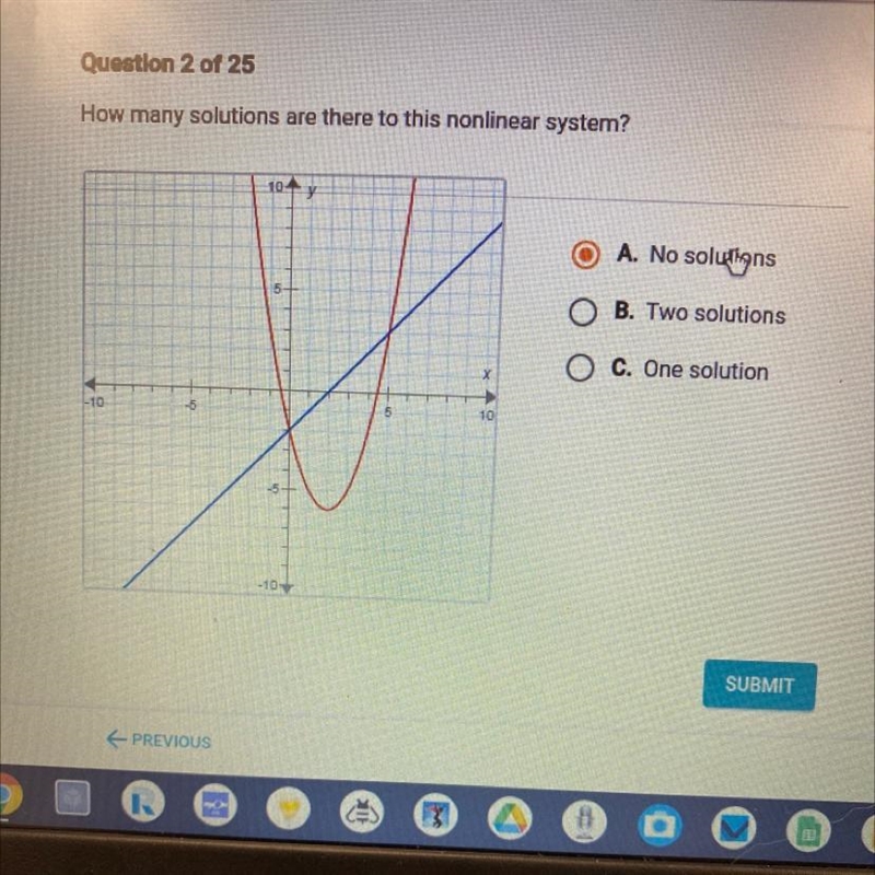 How many solutions are there to this nonlinear system? 10 A. No solutions 5 O B. Two-example-1