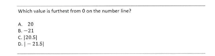 Which would be the farthest from 0 20, -21, -20.5, or 21.5-example-1