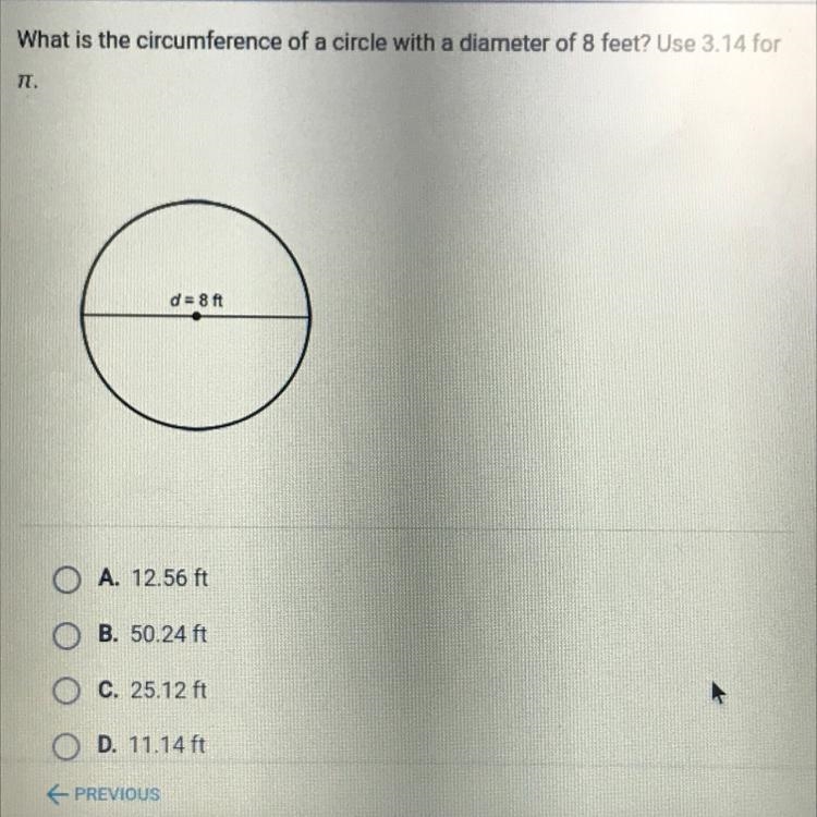 What is the circumference of a circle with a diameter of 8 feet? Use 3.14 for TT. d-example-1