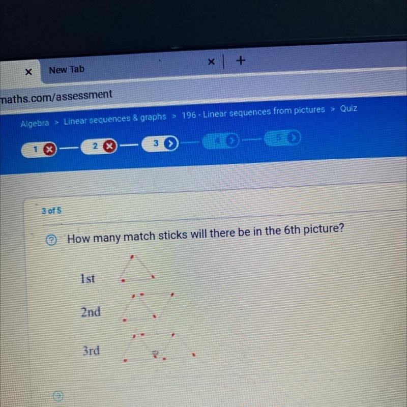 3 of 5 How many match sticks will there be in the 6th picture? 1st 2nd 3rd-example-1