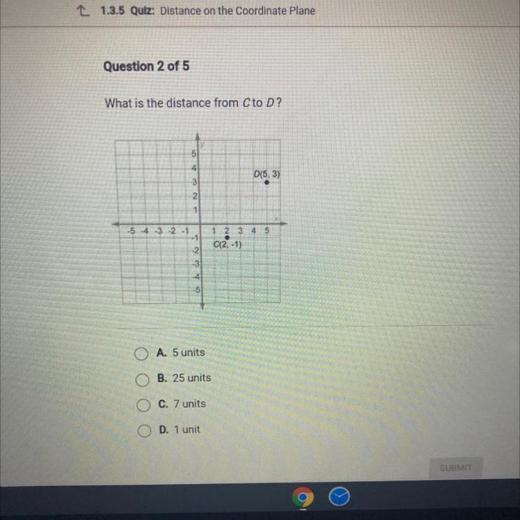 What is the distance from Cto D? 5 4 D(5,3) 3 2 1 5 1 2 3 C(2, -1 -2 3 -4 -5 OA. 5 units-example-1