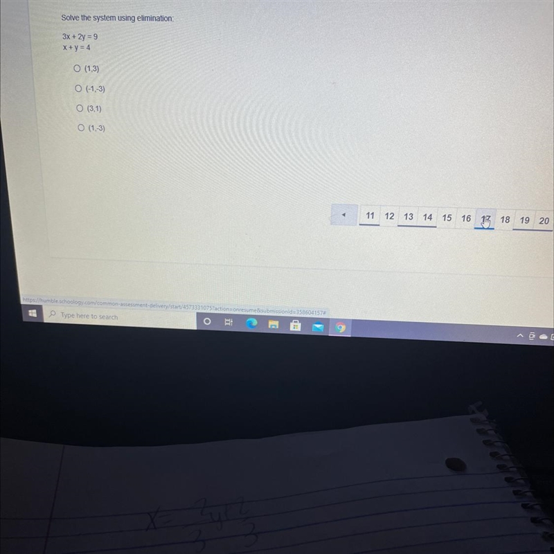 Solve the system using elimination: 3x + 2y = 9 x + y = 4-example-1